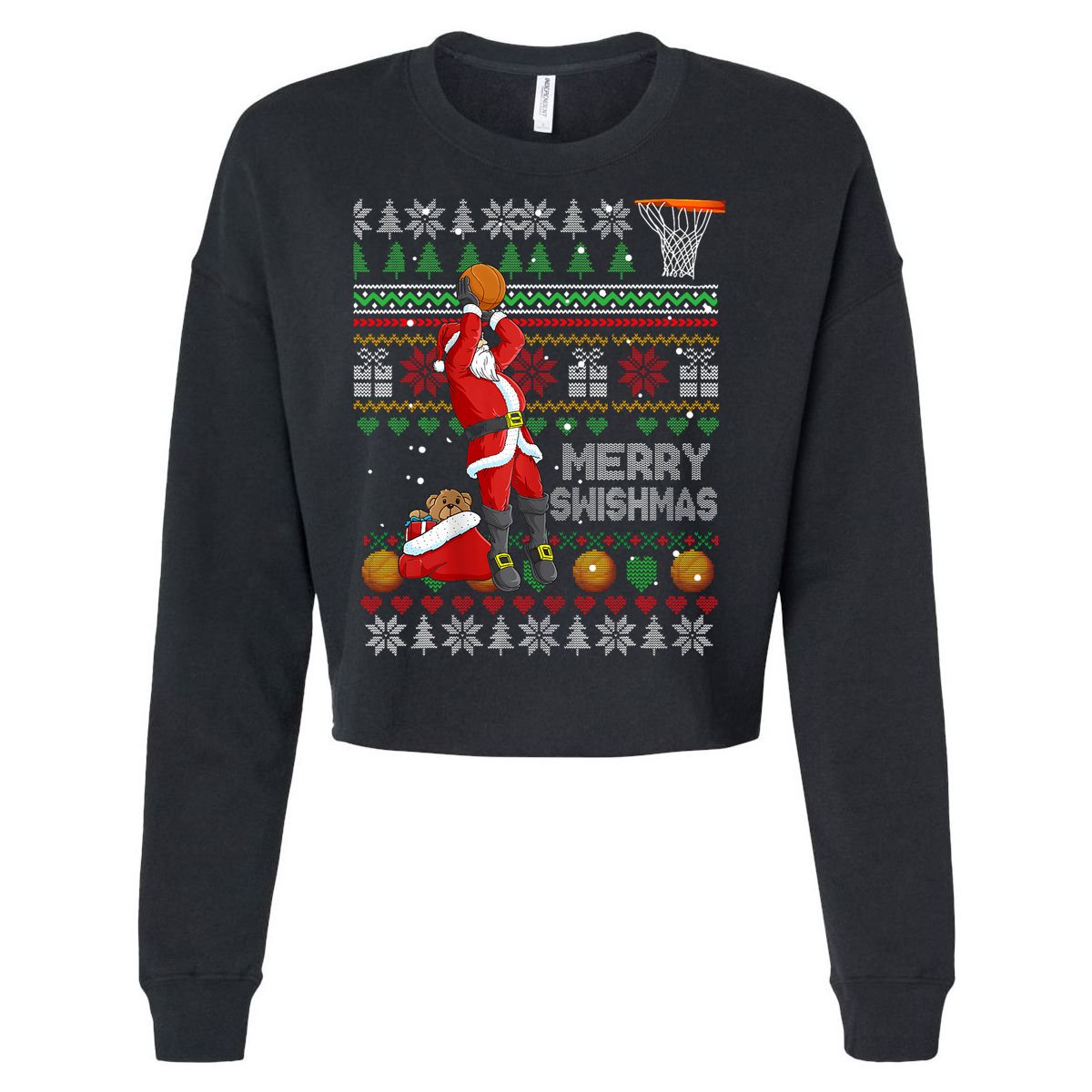 Funny Merry Swishmas Christmas Santa Playing Basketball Cropped Pullover Crew