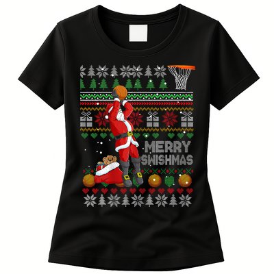 Funny Merry Swishmas Christmas Santa Playing Basketball Womens T-Shirt