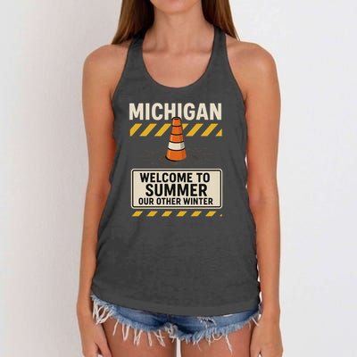 Funny Michigan Summer Our Other Winter Construction Season Women's Knotted Racerback Tank
