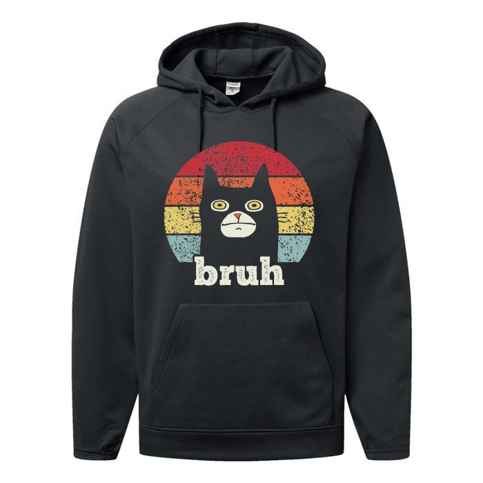 Funny Meme saying Bruh with Cat Greetings Teens Performance Fleece Hoodie