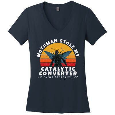 Funny Mothman Stole My Catalytic Converter Mothman Cryptid Women's V-Neck T-Shirt