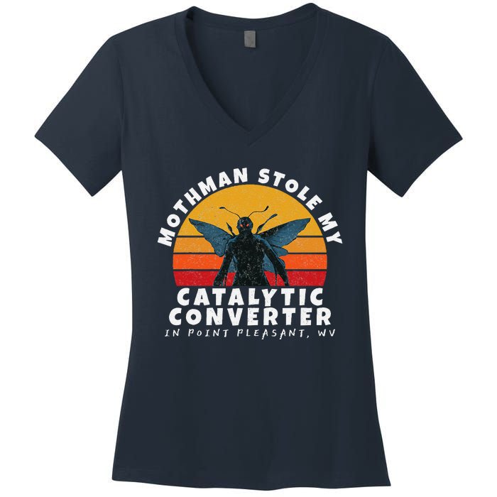 Funny Mothman Stole My Catalytic Converter Mothman Cryptid Women's V-Neck T-Shirt