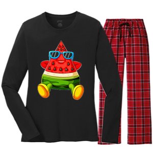 Funny Melon Summer Fruit Sunglasses On Watermelon Women's Long Sleeve Flannel Pajama Set 