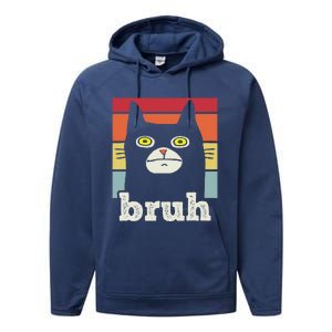 Funny Meme Saying Bruh With Cat Greetings Teens Performance Fleece Hoodie