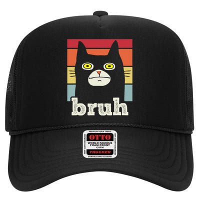 Funny Meme saying Bruh with Cat Greetings High Crown Mesh Back Trucker Hat