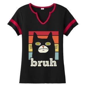 Funny Meme Saying Bruh With Cat Greetings Ladies Halftime Notch Neck Tee