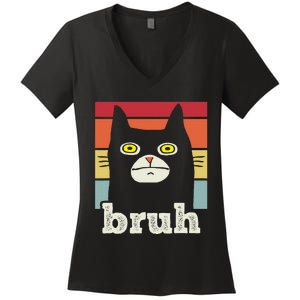 Funny Meme Saying Bruh With Cat Greetings Women's V-Neck T-Shirt