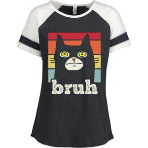 Funny Meme Saying Bruh With Cat Greetings Enza Ladies Jersey Colorblock Tee