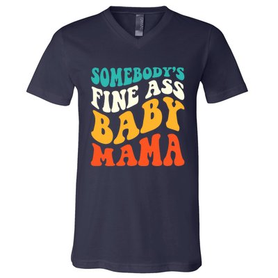 Funny Mama Somebody's Fine Ass Baby Mama Retro Groovy V-Neck T-Shirt