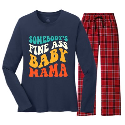 Funny Mama Somebody's Fine Ass Baby Mama Retro Groovy Women's Long Sleeve Flannel Pajama Set 