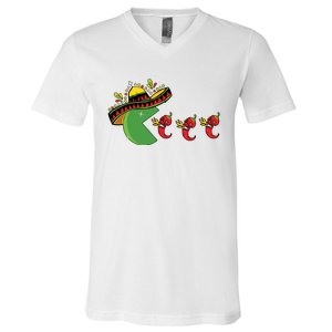 Fun Mexican Sombrero Eating Hot Pepper Skulls Cinco De Mayo V-Neck T-Shirt