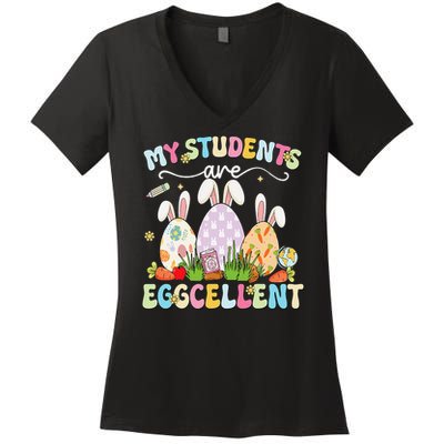Funny My Students Are Eggcellent Teacher Bunny Easter Women's V-Neck T-Shirt