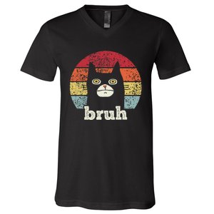 Funny Meme Saying Bruh With Cat Greetings Ns V-Neck T-Shirt