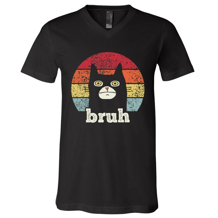 Funny Meme Saying Bruh With Cat Greetings Ns V-Neck T-Shirt