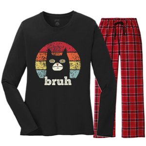 Funny Meme Saying Bruh With Cat Greetings Ns Women's Long Sleeve Flannel Pajama Set 