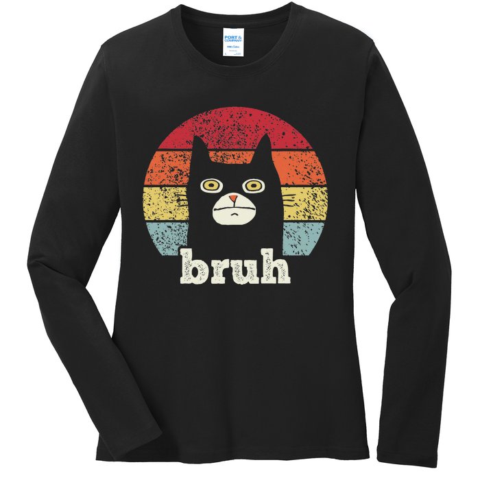 Funny Meme Saying Bruh With Cat Greetings Ns Ladies Long Sleeve Shirt