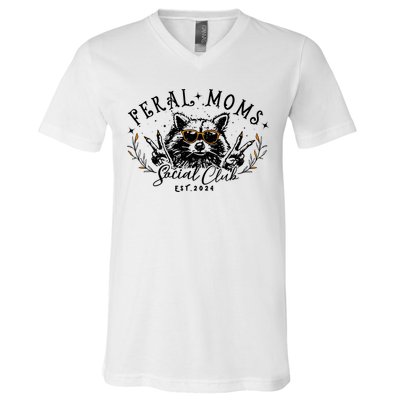 Feral Moms Social Club Women Funny Raccoon Fall Autumn Cute V-Neck T-Shirt