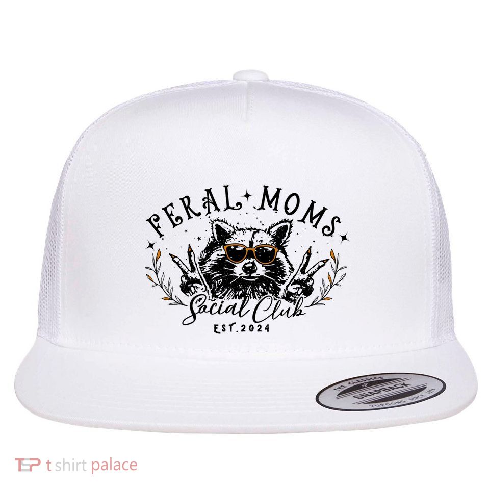 Feral Moms Social Club Women Funny Raccoon Fall Autumn Cute Flat Bill Trucker Hat