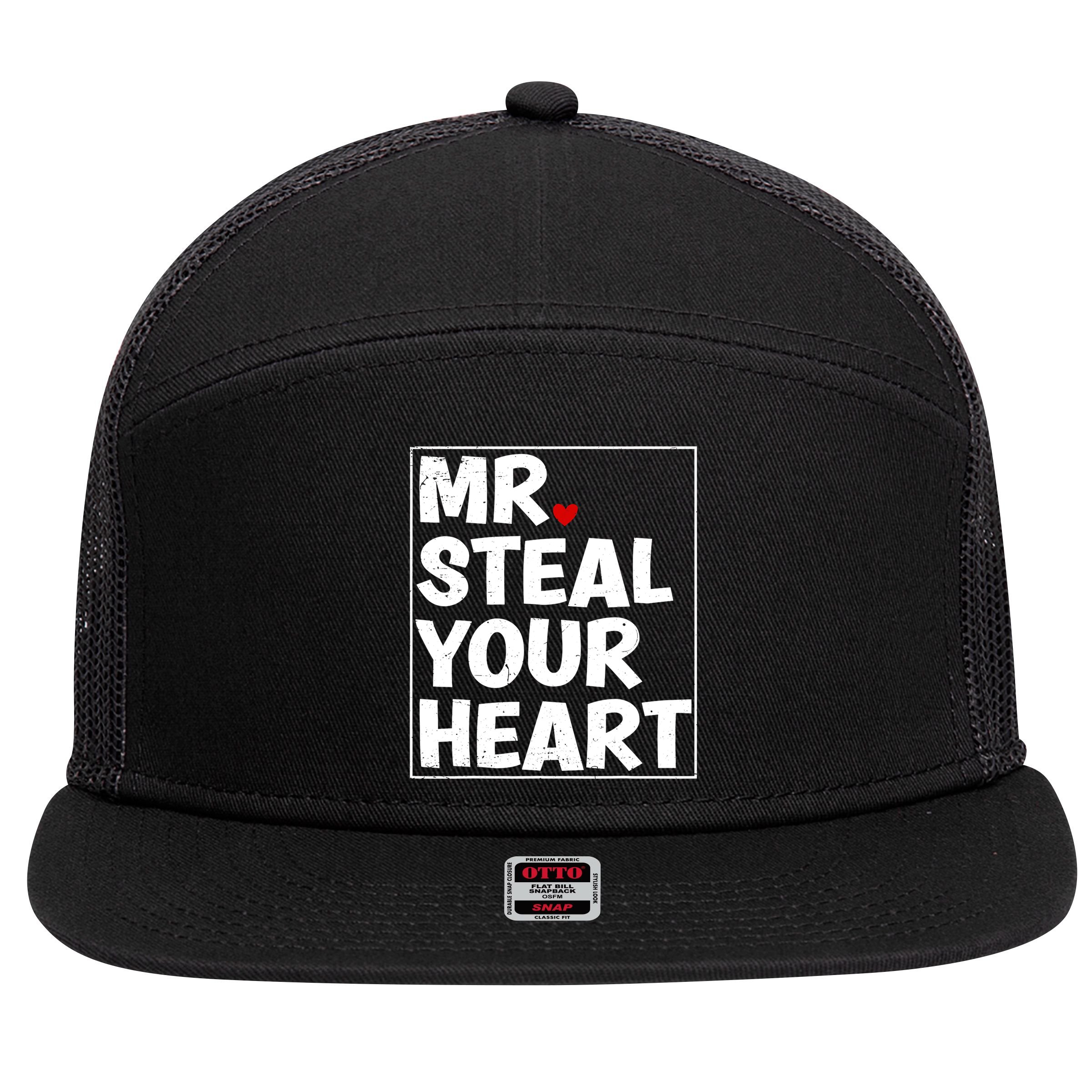 Funny Mr Steal Your Heart Valentines Day 7 Panel Mesh Trucker Snapback Hat