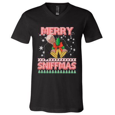 Funny Merry Sniffmas Xmas Anti Biden Ugly Christmas V-Neck T-Shirt