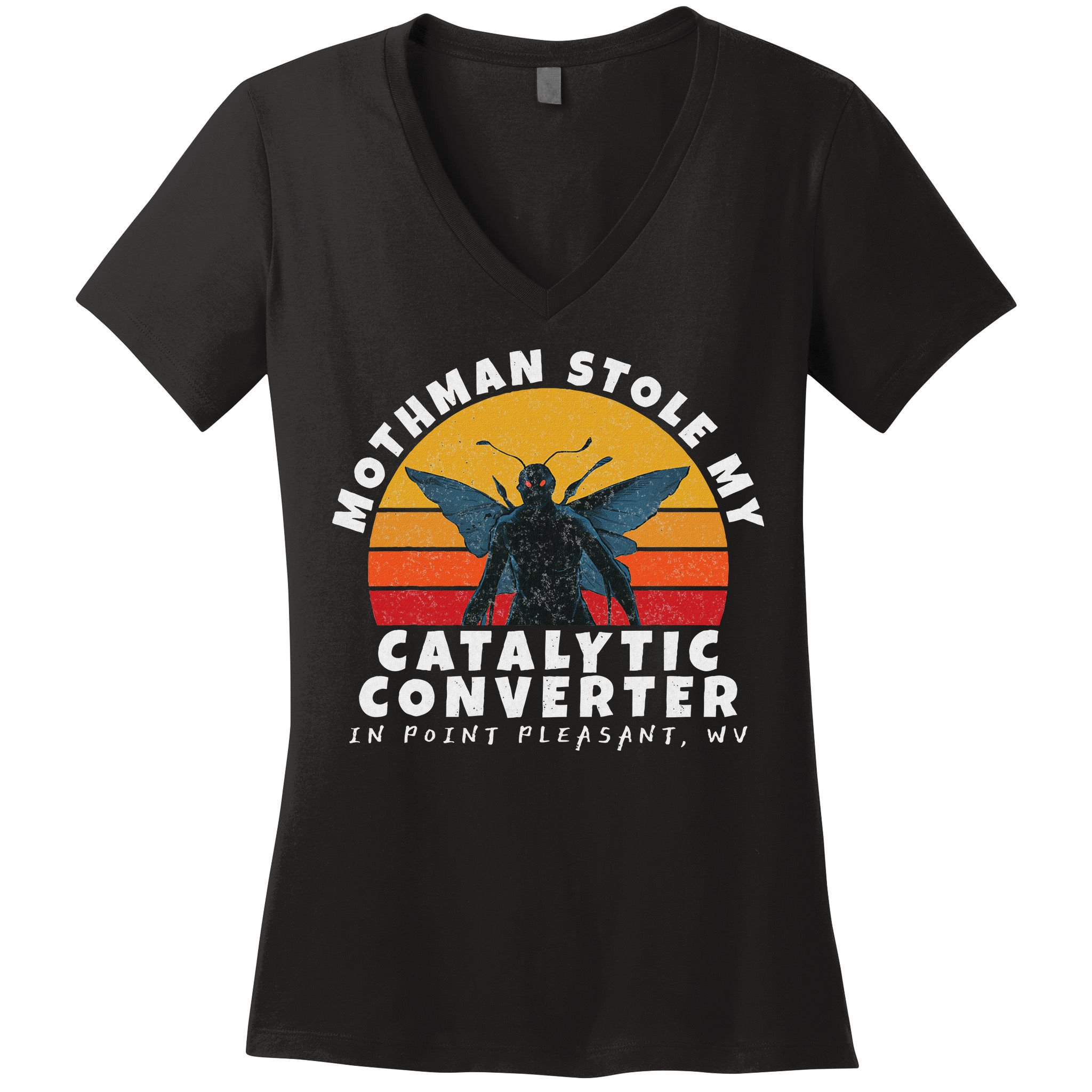 Funny Mothman Stole My Catalytic Converter Mothman Cryptid Women's V-Neck T-Shirt