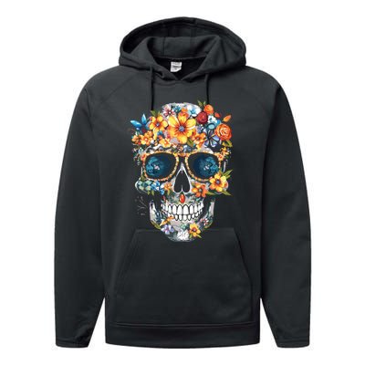 Floral Mexican Skull Day Of The Dead Dia De Muertos Performance Fleece Hoodie