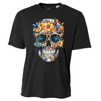 Floral Mexican Skull Day Of The Dead Dia De Muertos Cooling Performance Crew T-Shirt