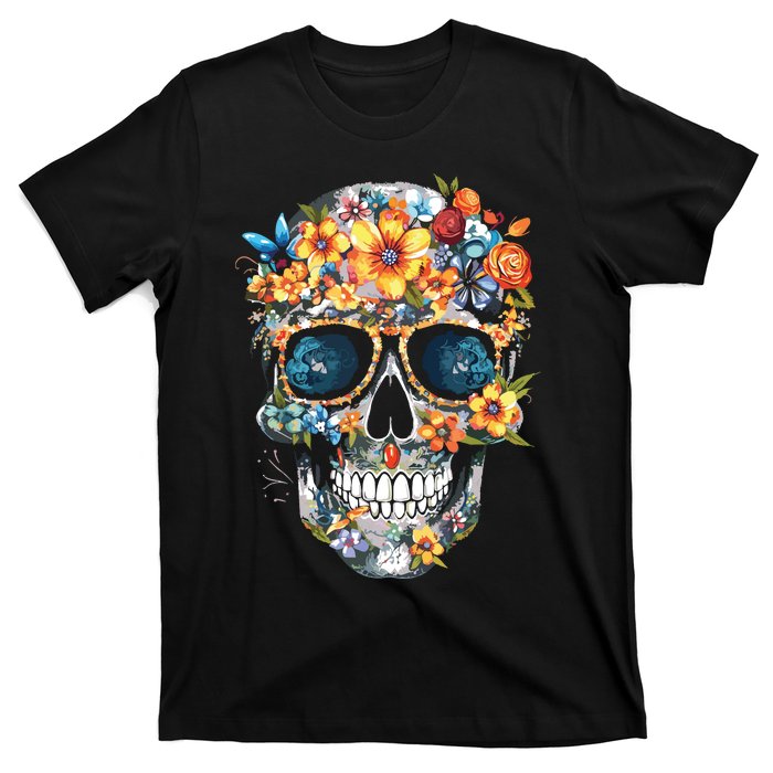 Floral Mexican Skull Day Of The Dead Dia De Muertos T-Shirt