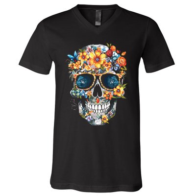 Floral Mexican Skull Day Of The Dead Dia De Muertos V-Neck T-Shirt