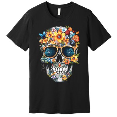 Floral Mexican Skull Day Of The Dead Dia De Muertos Premium T-Shirt