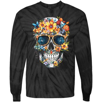 Floral Mexican Skull Day Of The Dead Dia De Muertos Tie-Dye Long Sleeve Shirt