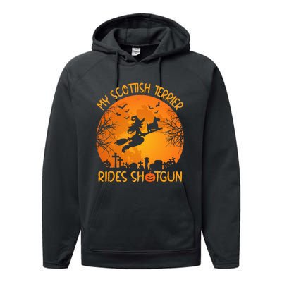 Funny My Scottish Terrier Rides Shotgun Witch Halloween Performance Fleece Hoodie