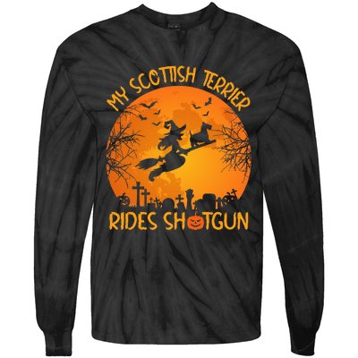 Funny My Scottish Terrier Rides Shotgun Witch Halloween Tie-Dye Long Sleeve Shirt