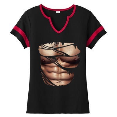 Fake Muscles Six Pack Abs Ripped Chest Fake Bodybuilding Ladies Halftime Notch Neck Tee