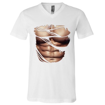 Fake Muscles Six Pack Abs Ripped Chest Fake Bodybuilding V-Neck T-Shirt