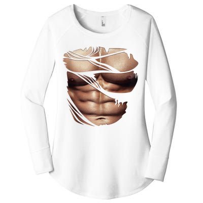 Fake Muscles Six Pack Abs Ripped Chest Fake Bodybuilding Women's Perfect Tri Tunic Long Sleeve Shirt