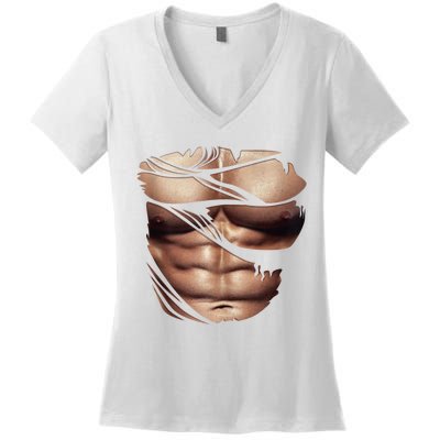 Fake Muscles Six Pack Abs Ripped Chest Fake Bodybuilding Women's V-Neck T-Shirt