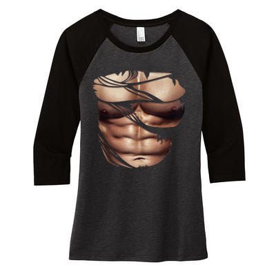 Fake Muscles Six Pack Abs Ripped Chest Fake Bodybuilding Women's Tri-Blend 3/4-Sleeve Raglan Shirt