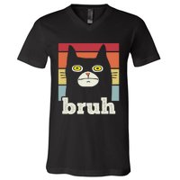 Funny Meme Saying Bruh With Cat Greetings Teens V-Neck T-Shirt