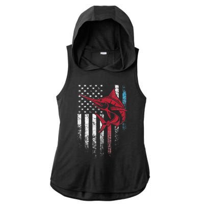 Fishing Marlin Swordfish Fish 4th of July American Flag USA Ladies PosiCharge Tri-Blend Wicking Draft Hoodie Tank