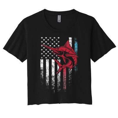 Fishing Marlin Swordfish Fish 4th of July American Flag USA Women's Crop Top Tee