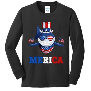 Funny Merica Shark American Flag Indepedence Day July 4th Kids Long Sleeve Shirt