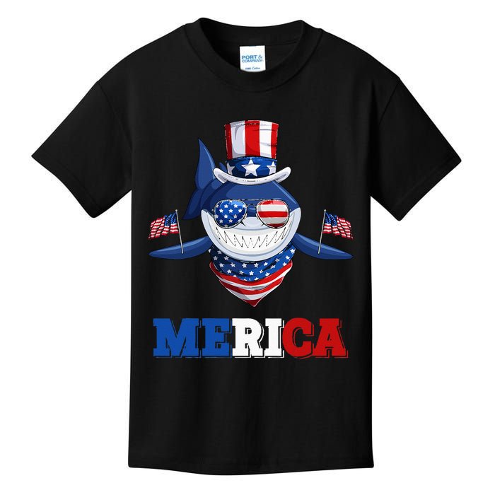 Funny Merica Shark American Flag Indepedence Day July 4th Kids T-Shirt