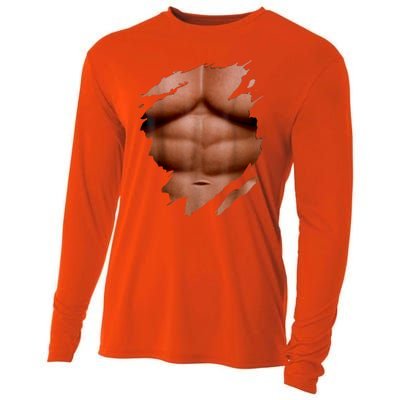 Fake Muscles Six Pack Abs Ripped Chest Fake Bodybuilding Cooling Performance Long Sleeve Crew