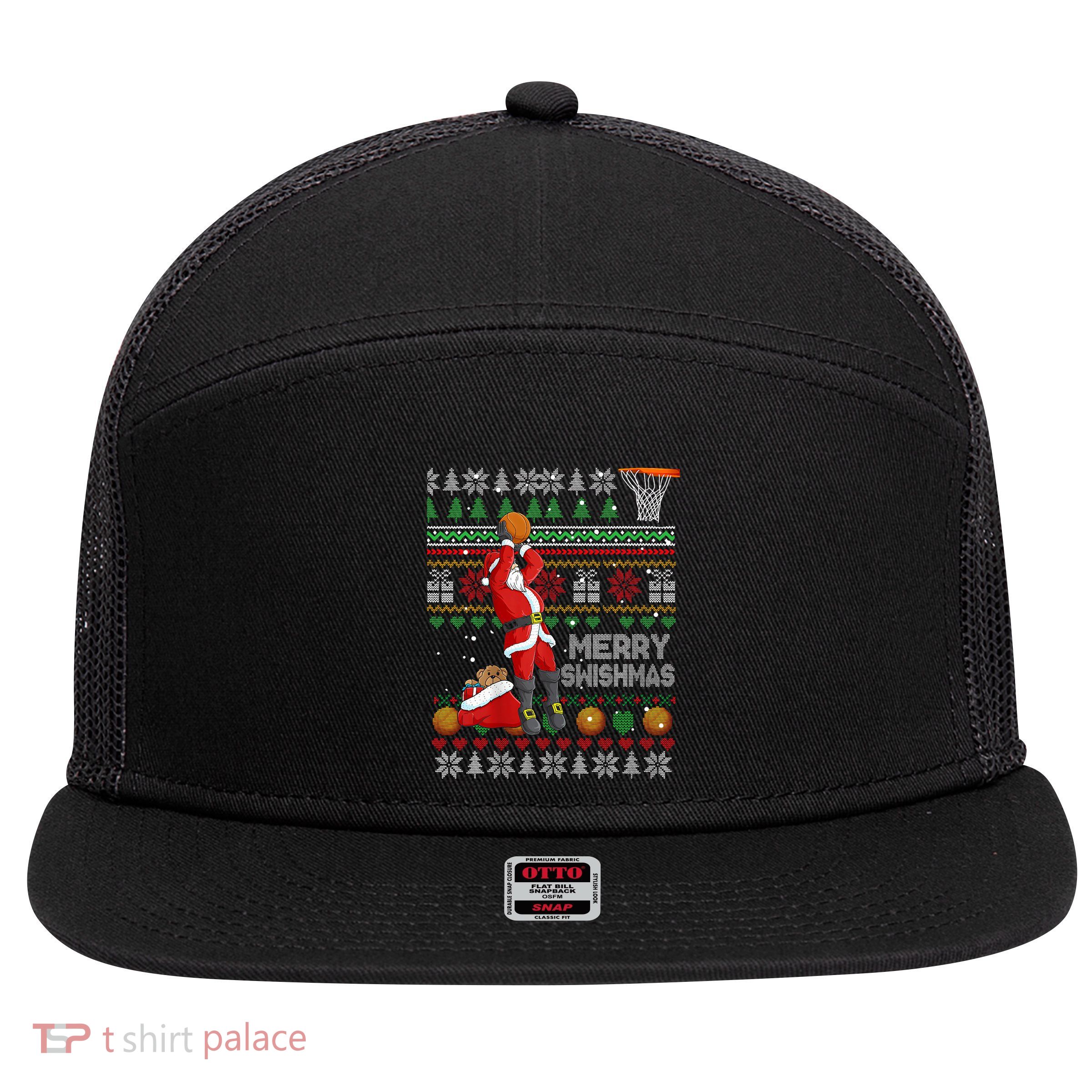 Funny Merry Swishmas Christmas Santa Playing Basketball 7 Panel Mesh Trucker Snapback Hat