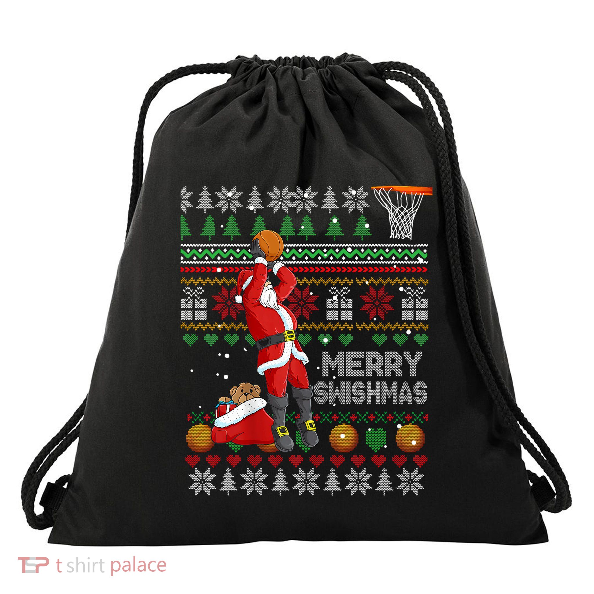 Funny Merry Swishmas Christmas Santa Playing Basketball Drawstring Bag