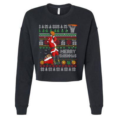 Funny Merry Swishmas Christmas Santa Playing Basketball Cropped Pullover Crew