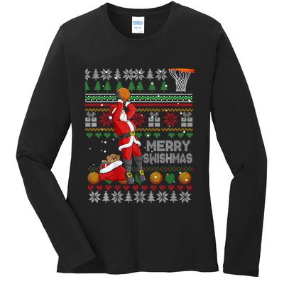Funny Merry Swishmas Christmas Santa Playing Basketball Ladies Long Sleeve Shirt