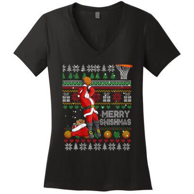 Funny Merry Swishmas Christmas Santa Playing Basketball Women's V-Neck T-Shirt