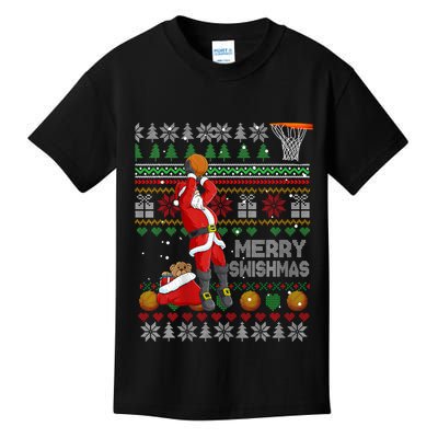 Funny Merry Swishmas Christmas Santa Playing Basketball Kids T-Shirt